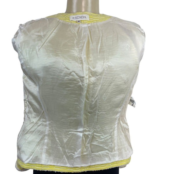 Escada Yellow Textured Tweed Jacket With White Trim Womens Size 38
