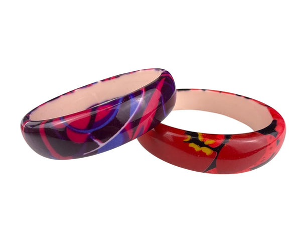 Retro Floral Print Womens Acrylic Oval Bangle Bracelets Set Of 2 Vibrant Colorway