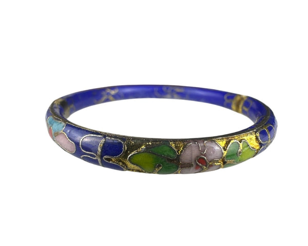 Vintage Cloisonné Hinged Bangle Bracelet Blue Multicolor Gold Floral Motif