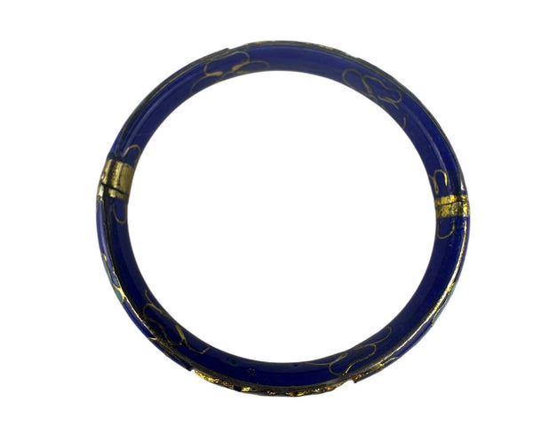 Vintage Cloisonné Hinged Bangle Bracelet Blue Multicolor Gold Floral Motif