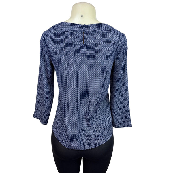 Loft Womens Navy/White Geometric Print Blouse 3/4 Sleeves Sz XXS