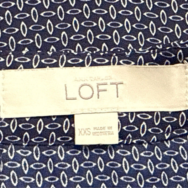 Loft Womens Navy/White Geometric Print Blouse 3/4 Sleeves Sz XXS
