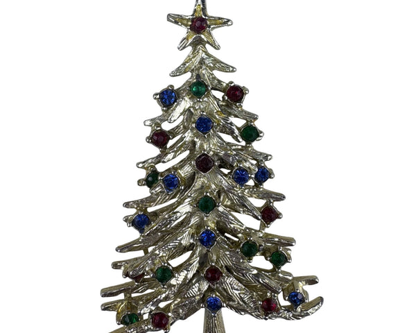 Vintage Gold Tone Christmas Tree Brooch Multicolor Rhinestones Holiday Pin Jewelry