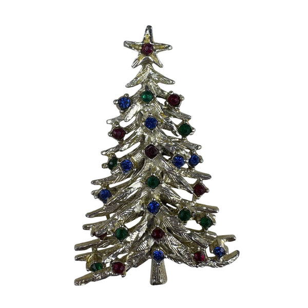 Vintage Gold Tone Christmas Tree Brooch Multicolor Rhinestones Holiday Pin Jewelry
