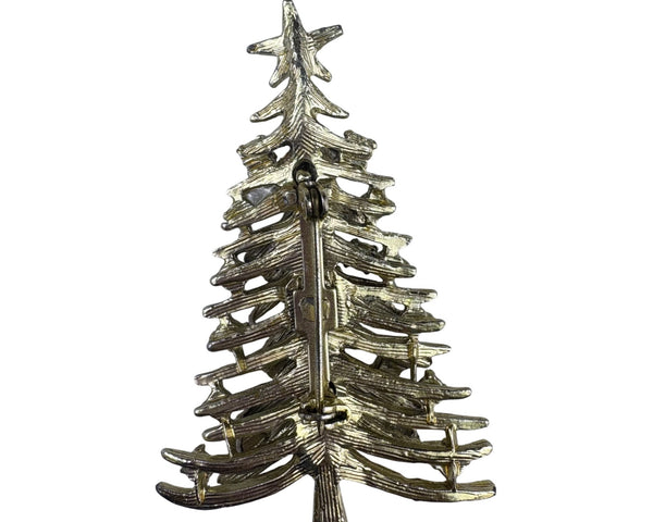 Vintage Gold Tone Christmas Tree Brooch Multicolor Rhinestones Holiday Pin Jewelry