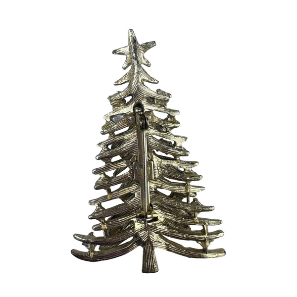 Vintage Gold Tone Christmas Tree Brooch Multicolor Rhinestones Holiday Pin Jewelry