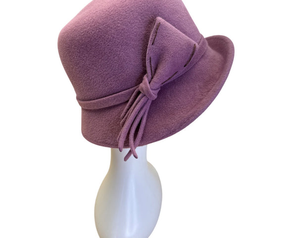 Purple Wool Felt Cloche Hat With Decorative Bow Accent