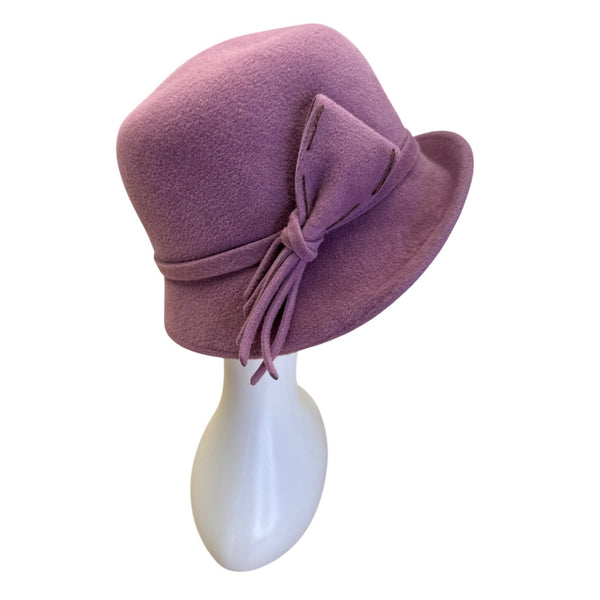 Purple Wool Felt Cloche Hat With Decorative Bow Accent