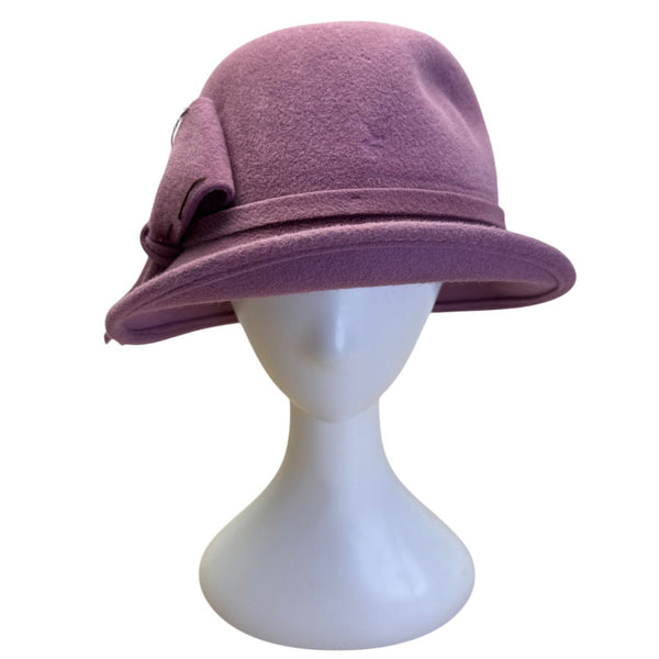 Purple Wool Felt Cloche Hat With Decorative Bow Accent