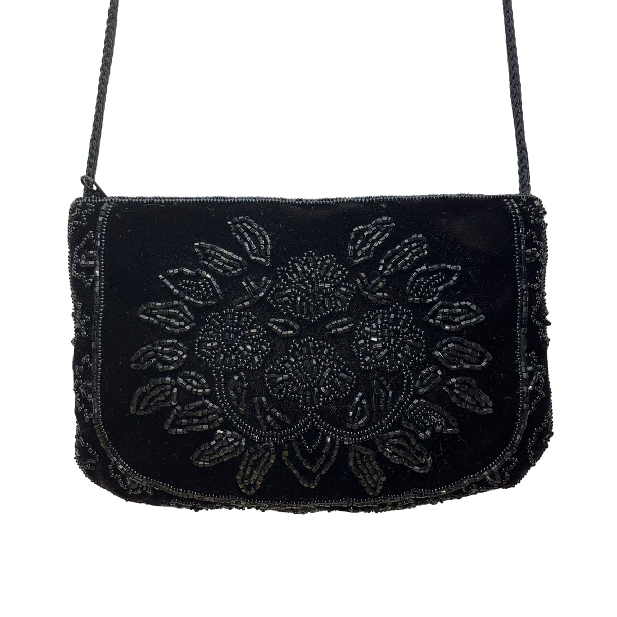 La Regale Women’s Black Beaded Floral Design Velvet Crossbody Bag