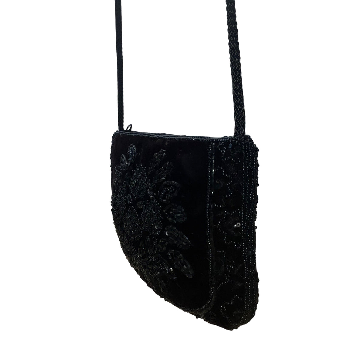 La Regale Women’s Black Beaded Floral Design Velvet Crossbody Bag