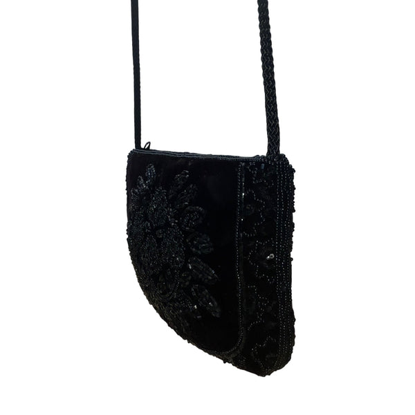 La Regale Women’s Black Beaded Floral Design Velvet Crossbody Bag