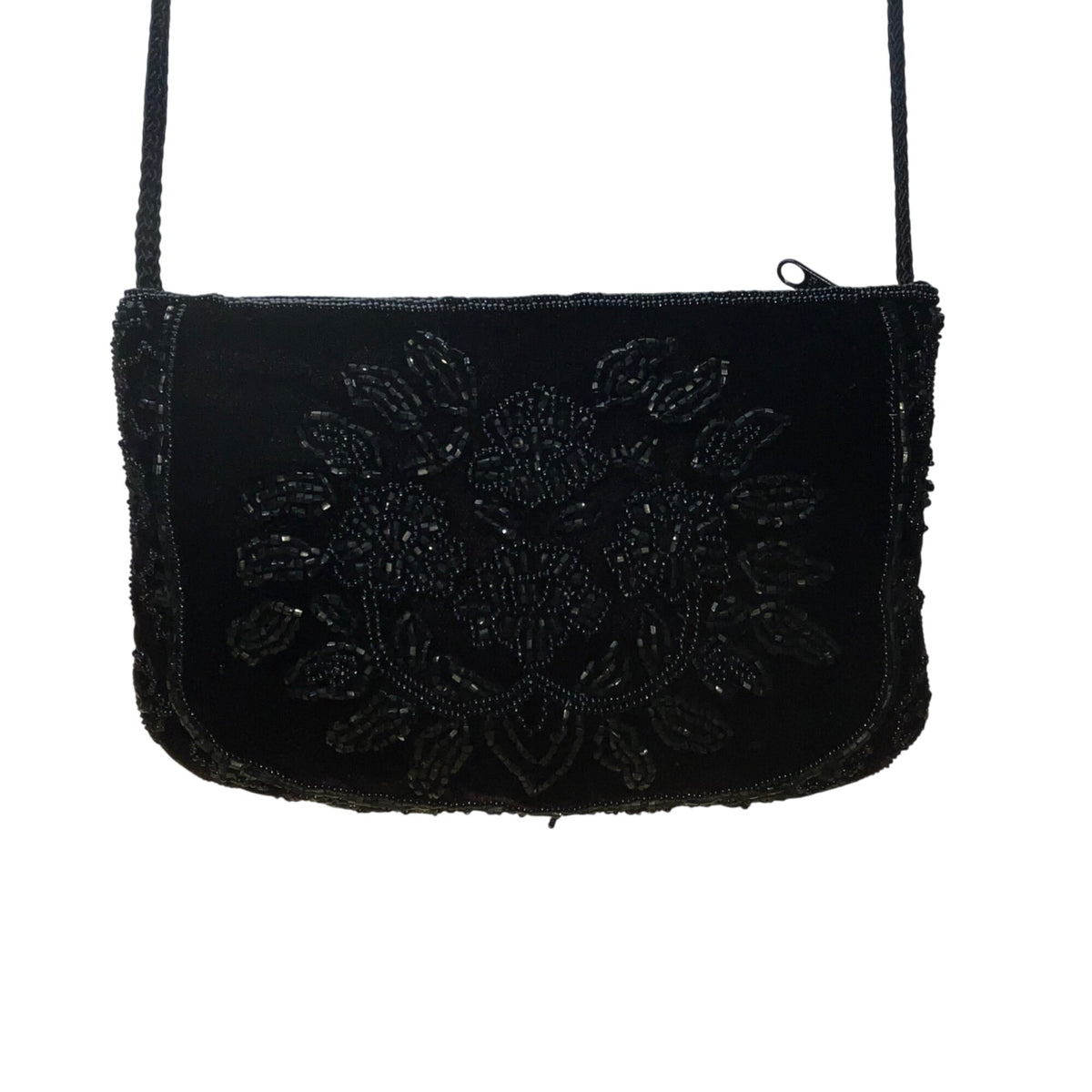 La Regale Women’s Black Beaded Floral Design Velvet Crossbody Bag