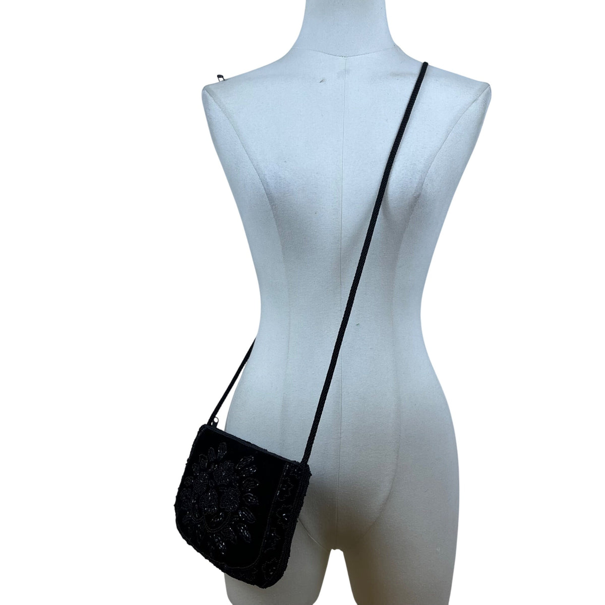 La Regale Women’s Black Beaded Floral Design Velvet Crossbody Bag