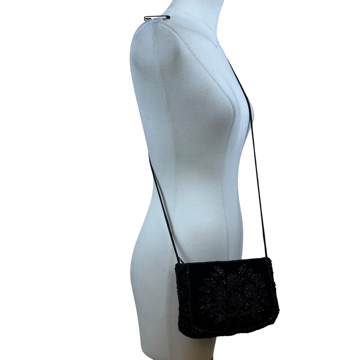 La Regale Women’s Black Beaded Floral Design Velvet Crossbody Bag