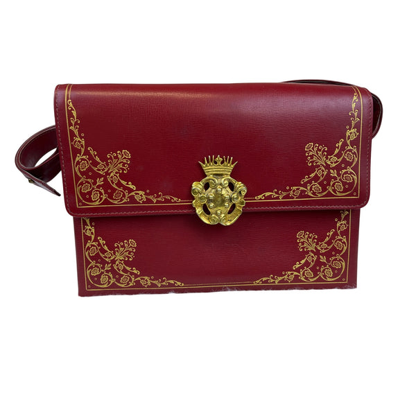 Red Faux Leather Womens Crossbody Bag With Decorative Gold Pattern