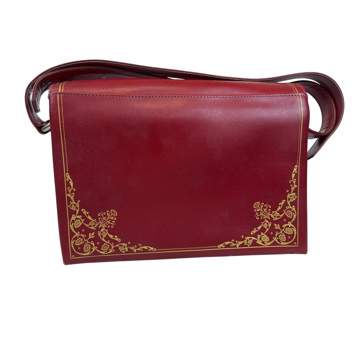 Red Faux Leather Womens Crossbody Bag With Decorative Gold Pattern