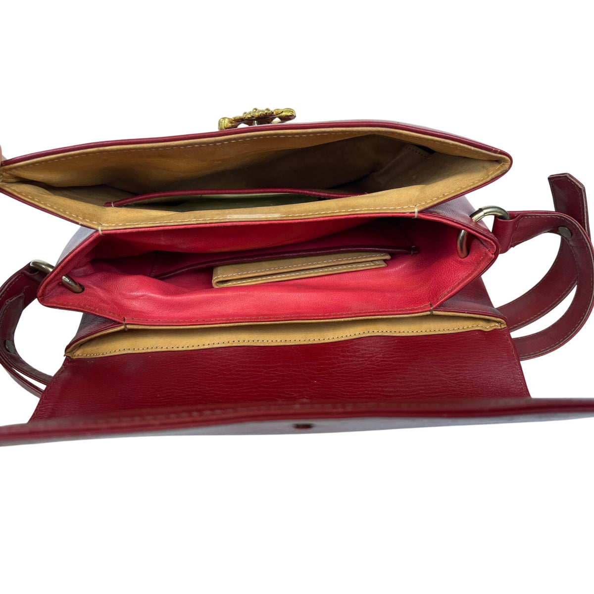 Red Faux Leather Womens Crossbody Bag With Decorative Gold Pattern