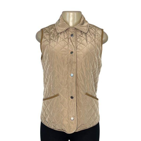 Massimo Dutti Womens Quilted Tan Vest Outerwear Button Closure & Pockets Size M