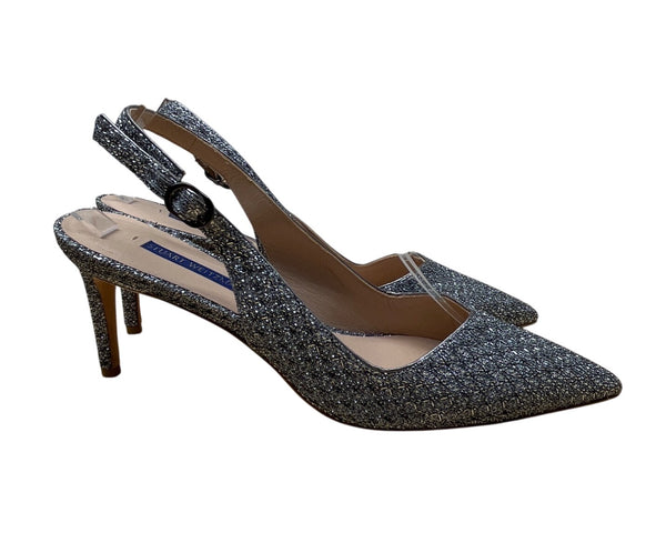 Stuart Weitzman Glitter Grey Pointed Toe Slingback Strap Stiletto Heels Sz 8.5