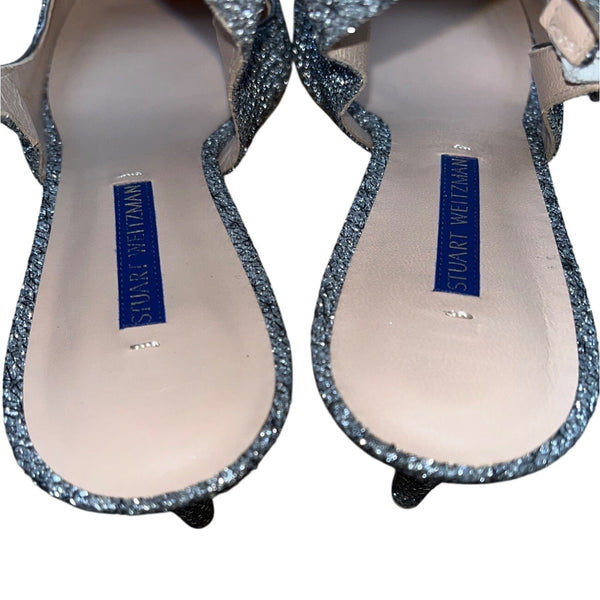Stuart Weitzman Glitter Grey Pointed Toe Slingback Strap Stiletto Heels Sz 8.5