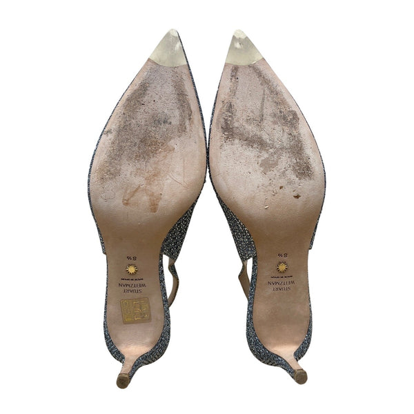 Stuart Weitzman Glitter Grey Pointed Toe Slingback Strap Stiletto Heels Sz 8.5