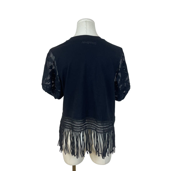 Desigual Womens Black Lace Fringe Hem Top Size XS