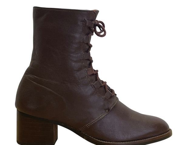Yang Ger Women's Brown Leather Lace-Up Block Heel Ankle Boots Size 24.5