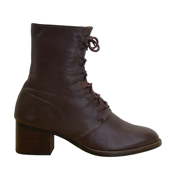 Yang Ger Women's Brown Leather Lace-Up Block Heel Ankle Boots Size 24.5