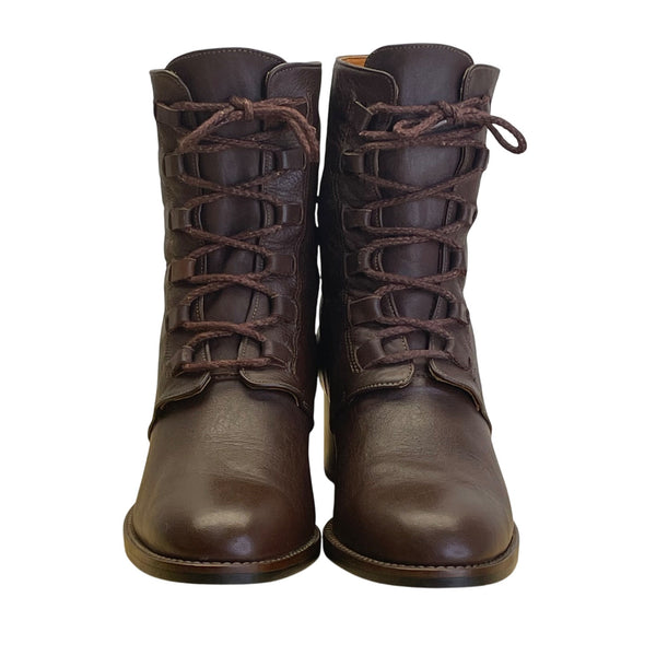 Yang Ger Women's Brown Leather Lace-Up Block Heel Ankle Boots Size 24.5