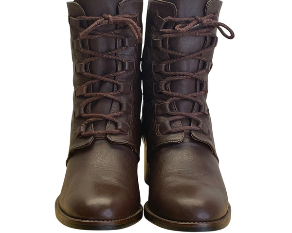 Yang Ger Women's Brown Leather Lace-Up Block Heel Ankle Boots Size 24.5