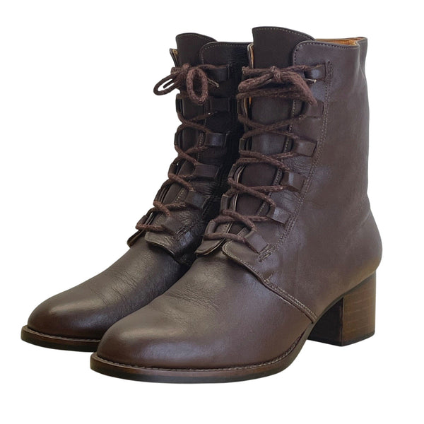 Yang Ger Women's Brown Leather Lace-Up Block Heel Ankle Boots Size 24.5