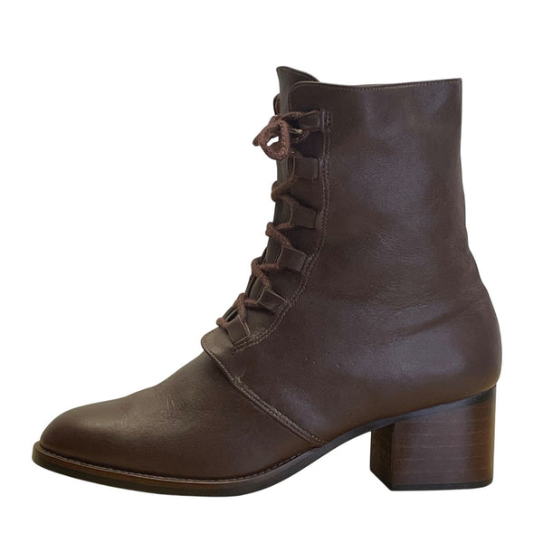 Yang Ger Women's Brown Leather Lace-Up Block Heel Ankle Boots Size 24.5