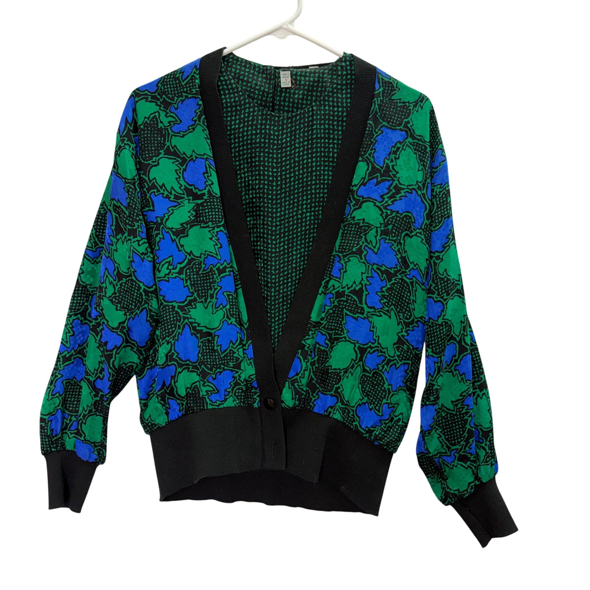Silk Womens Green & Blue Leaf Print Cardigan Long Sleeve With Ribbed Hem Size 4