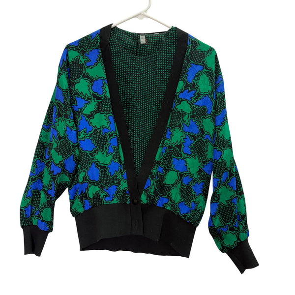 Silk Womens Green & Blue Leaf Print Cardigan Long Sleeve With Ribbed Hem Size 4