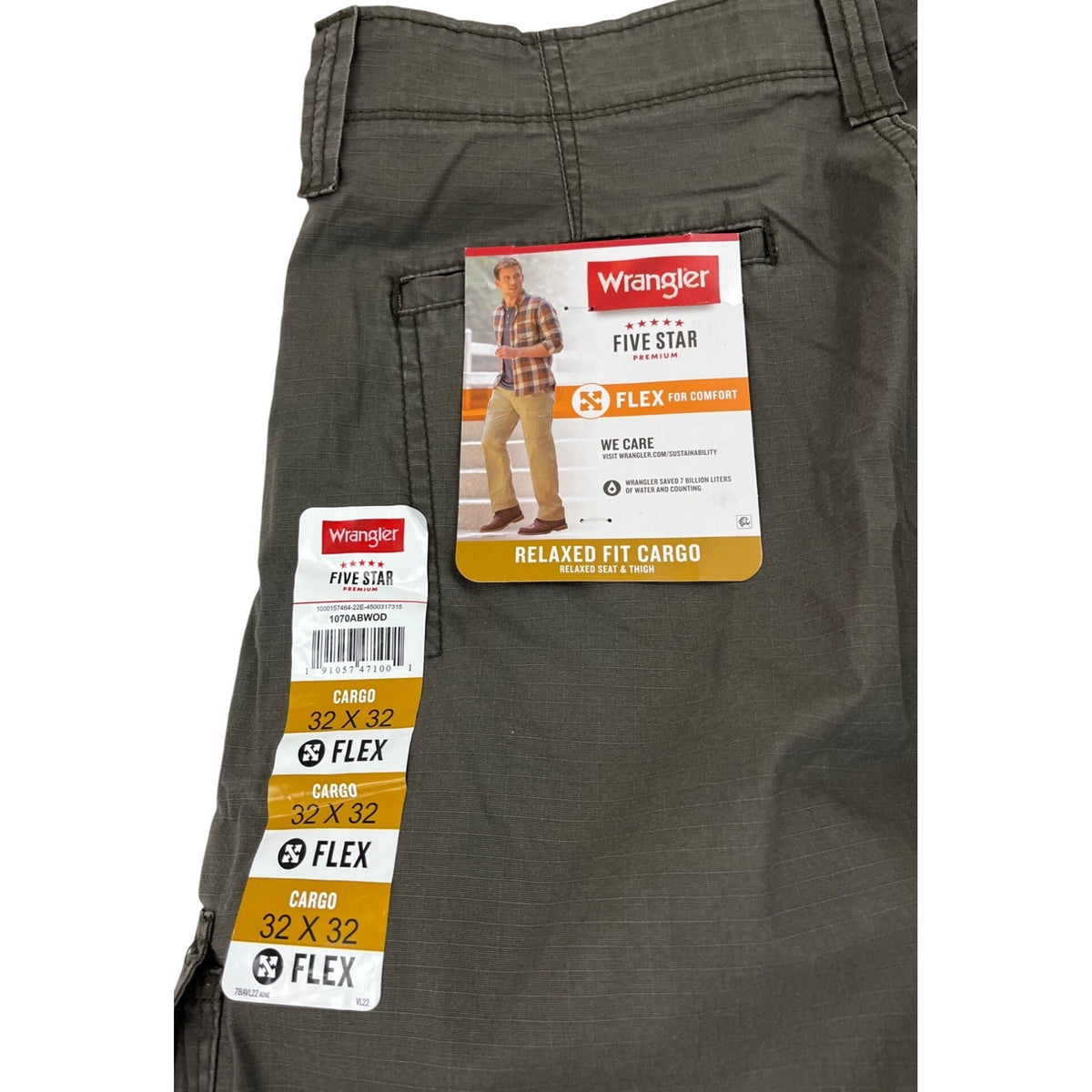 Wrangler Mens Relaxed Fit Flex Cargo Pants Green Ripstop Cotton Size 32x32