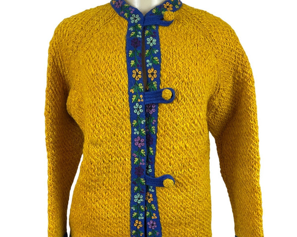 Vintage Yellow Hand-Knit Wool Sweater With Floral Trim