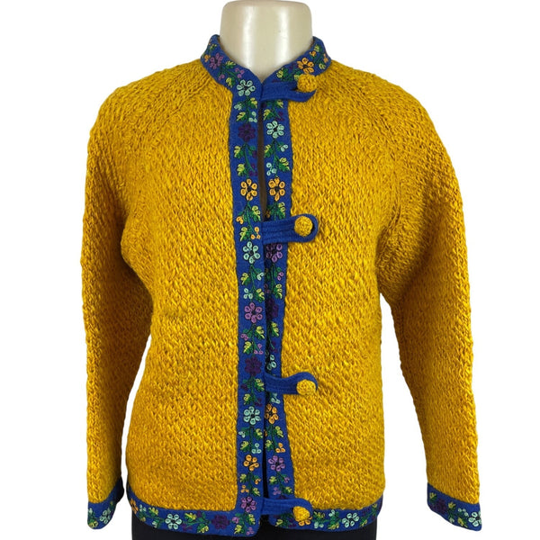 Vintage Yellow Hand-Knit Wool Sweater With Floral Trim