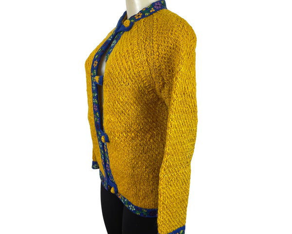 Vintage Yellow Hand-Knit Wool Sweater With Floral Trim