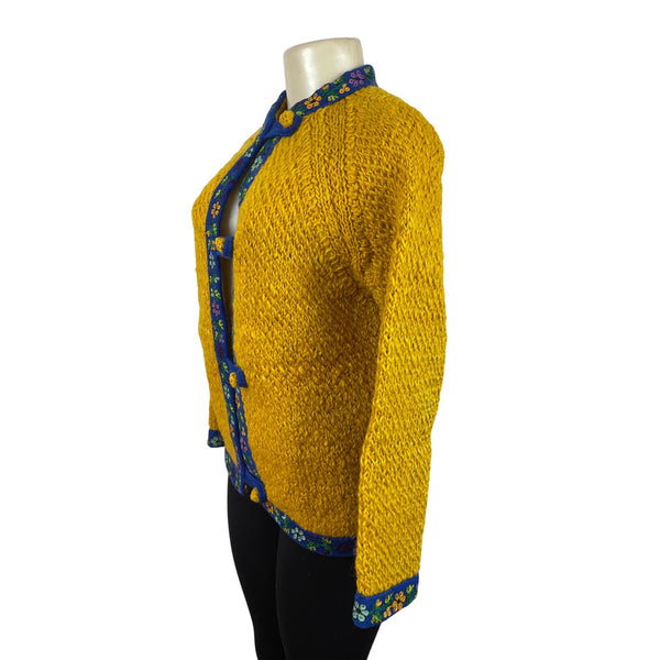 Vintage Yellow Hand-Knit Wool Sweater With Floral Trim