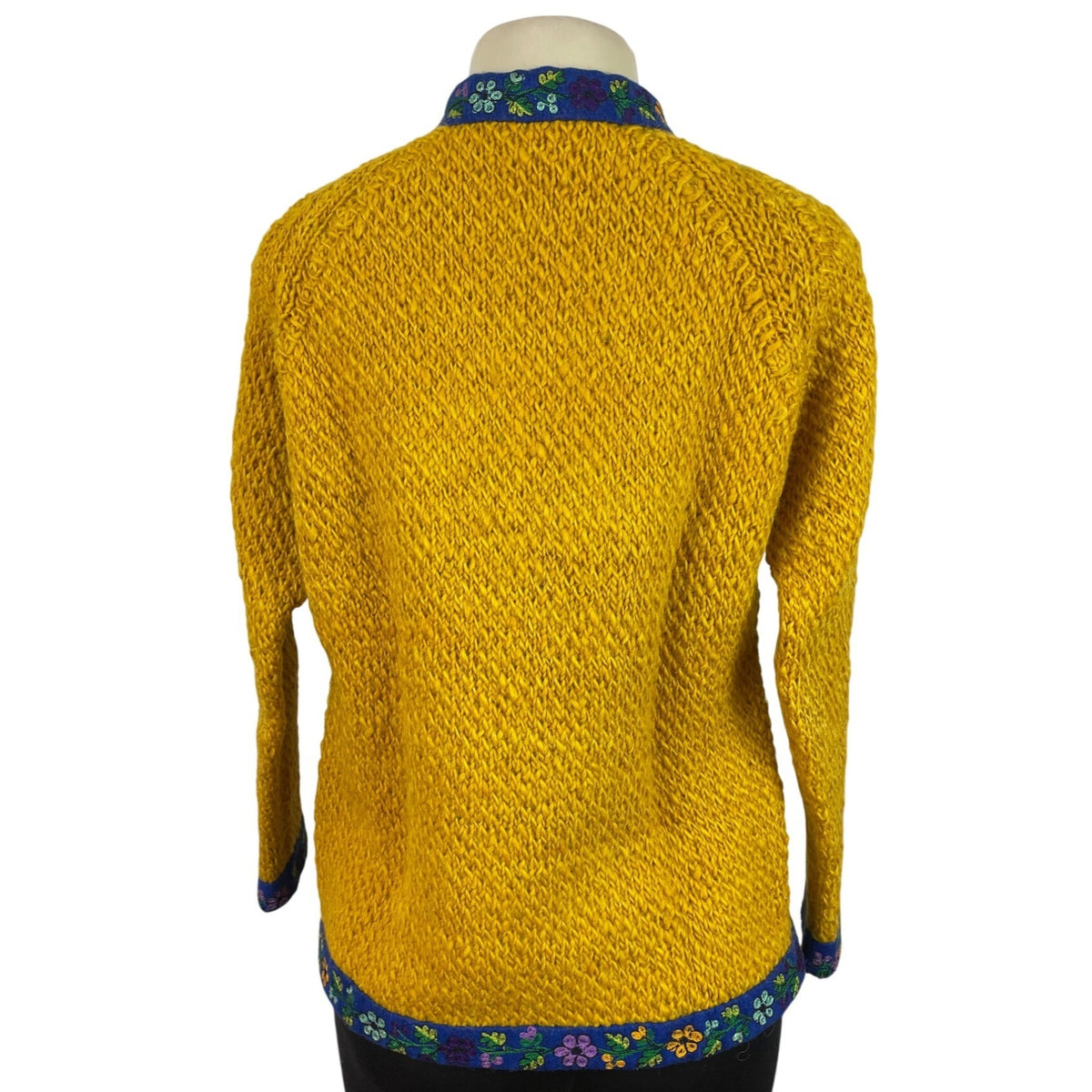 Vintage Yellow Hand-Knit Wool Sweater With Floral Trim