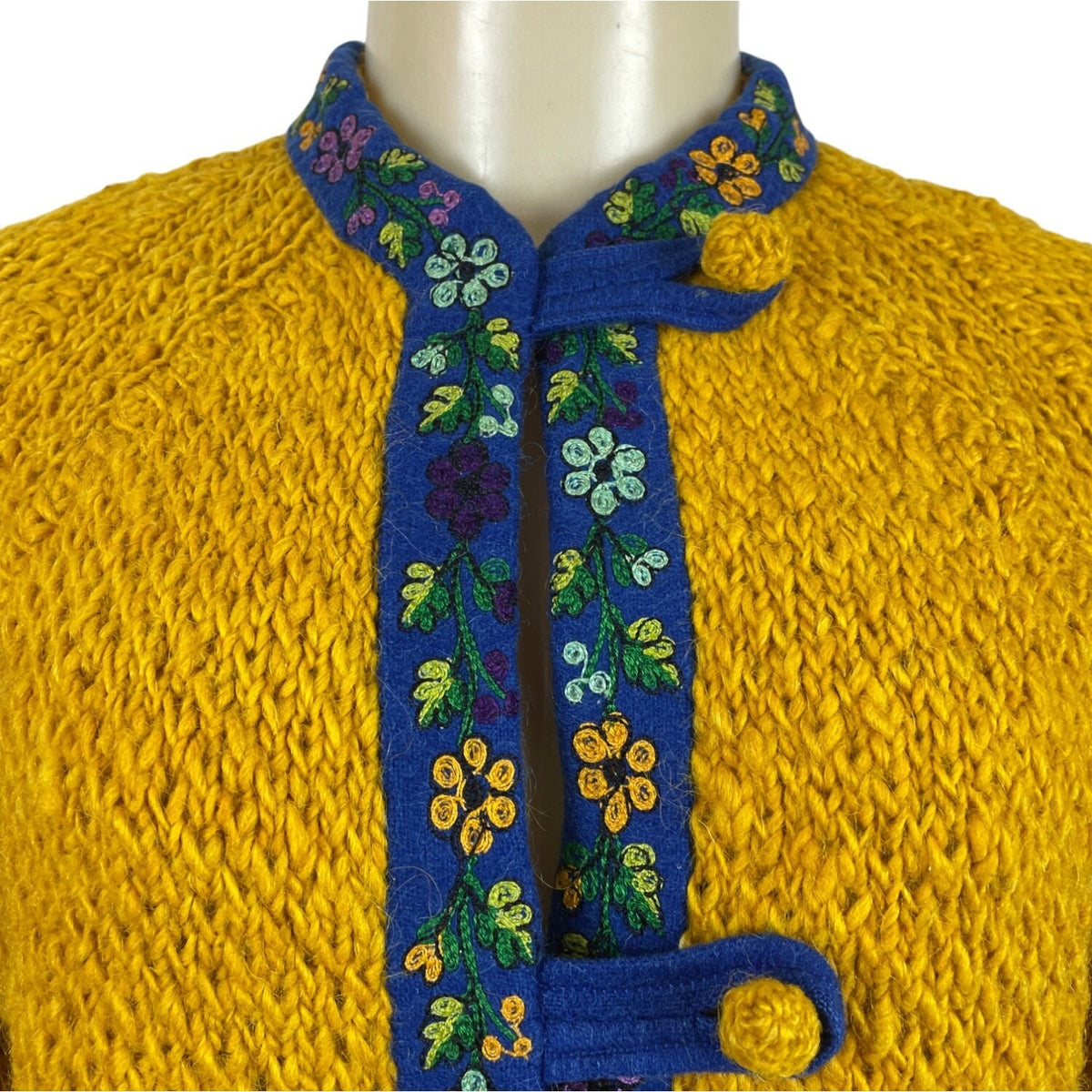 Vintage Yellow Hand-Knit Wool Sweater With Floral Trim