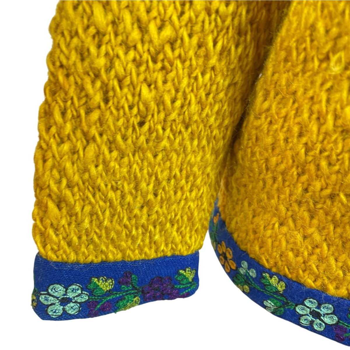 Vintage Yellow Hand-Knit Wool Sweater With Floral Trim