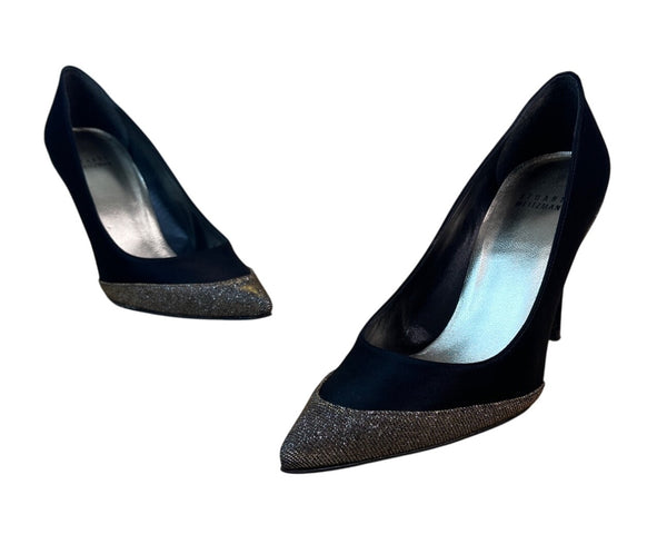 Stuart Weitzman Women’s Black Satin & Glitter Fairlady Stiletto High Heels Size 8M