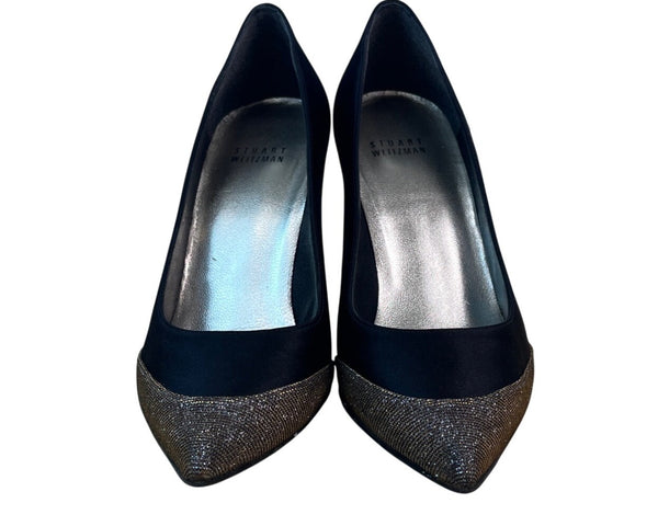 Stuart Weitzman Women’s Black Satin & Glitter Fairlady Stiletto High Heels Size 8M