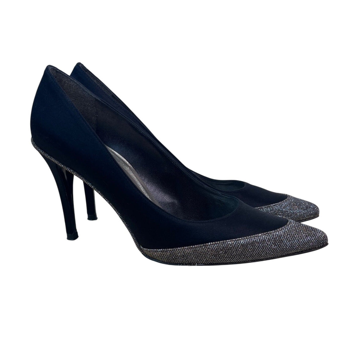 Stuart Weitzman Women’s Black Satin & Glitter Fairlady Stiletto High Heels Size 8M