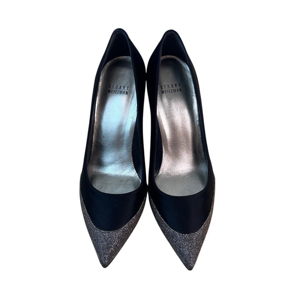 Stuart Weitzman Women’s Black Satin & Glitter Fairlady Stiletto High Heels Size 8M