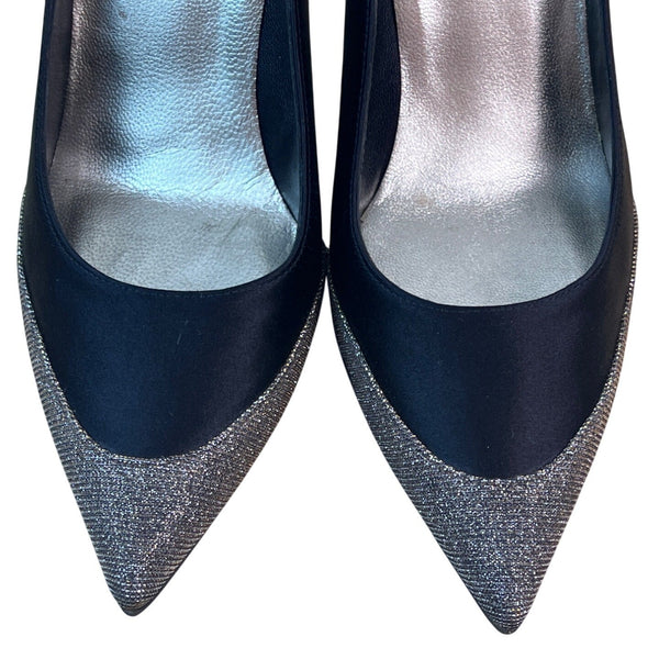 Stuart Weitzman Women’s Black Satin & Glitter Fairlady Stiletto High Heels Size 8M