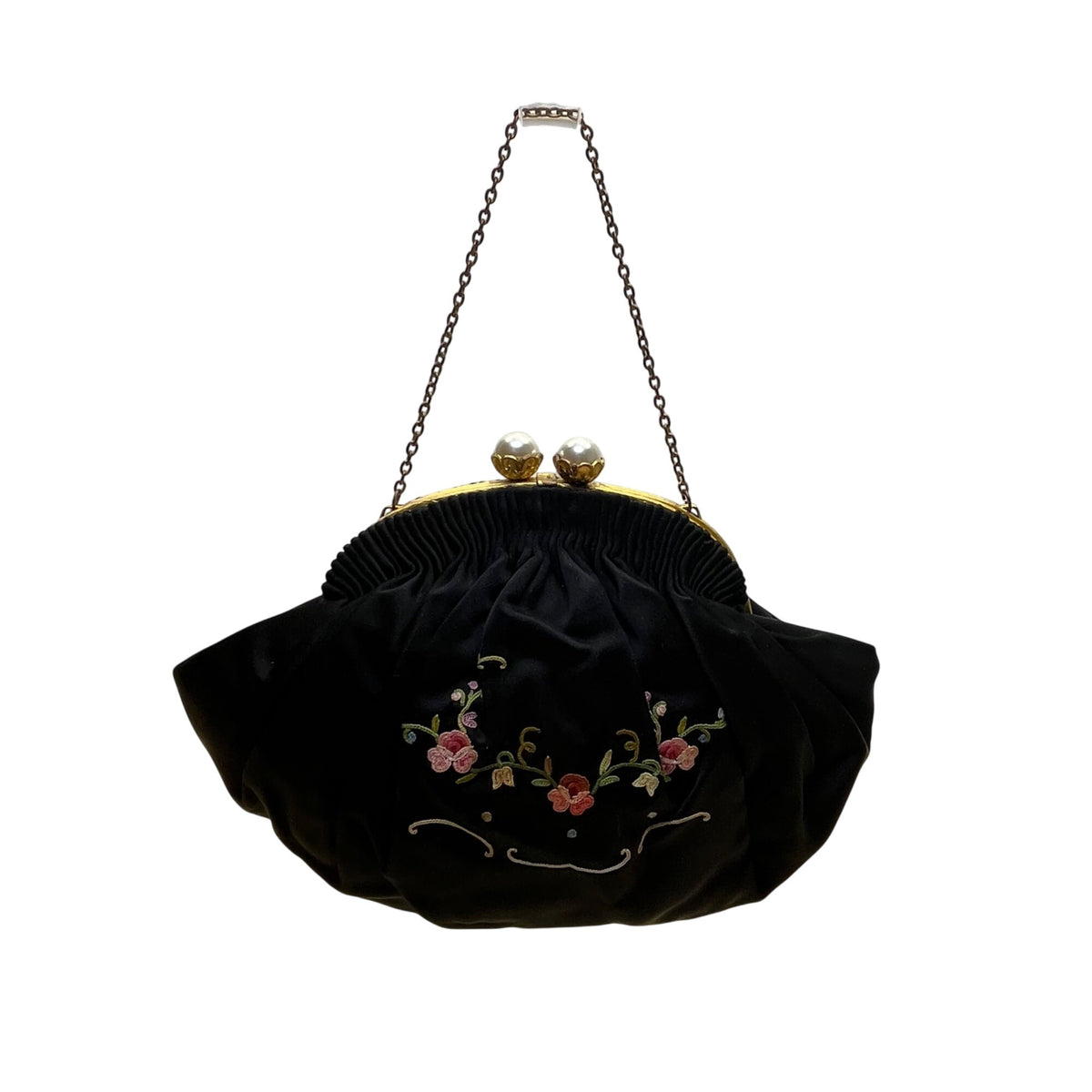 Hervé Paris Black Velvet Floral Embroidered Evening Bag With Pearl Clasp Size S