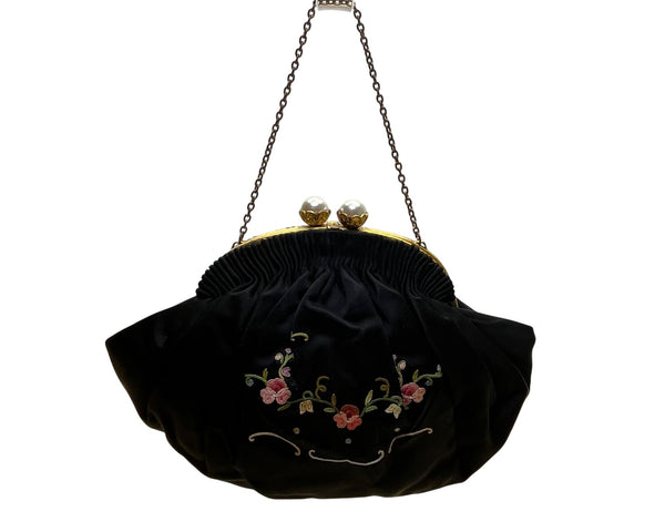 Hervé Paris Black Velvet Floral Embroidered Evening Bag With Pearl Clasp Size S